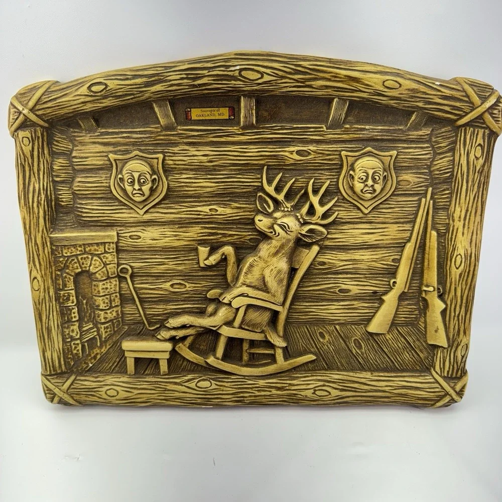 Vintage Deer Hunter Chalkware Wall Plaque Cabin Decor Rifle Hunting Lodge 10x13